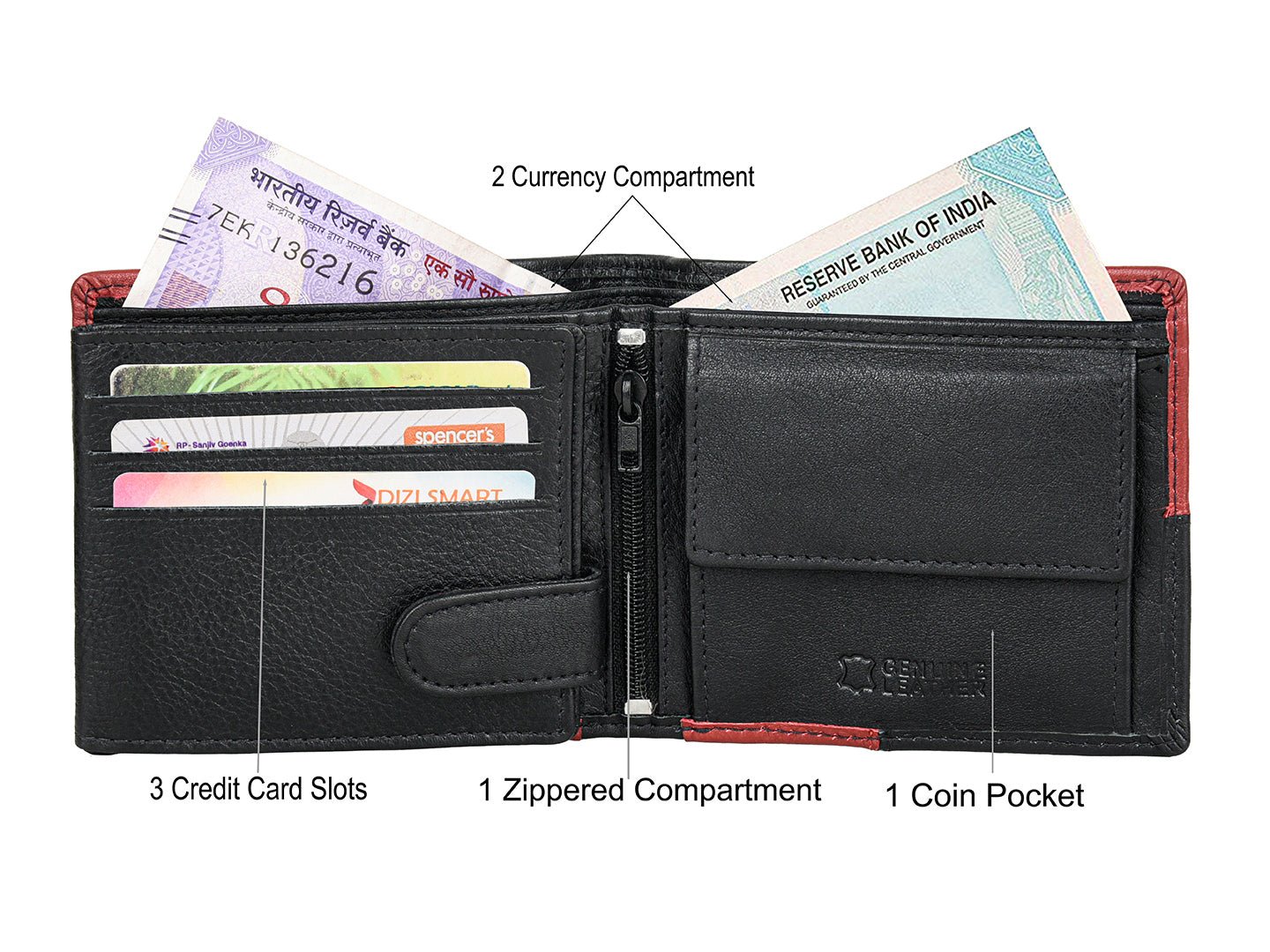 IndiFash Chester Leather Wallet for Men - Black/Red 3