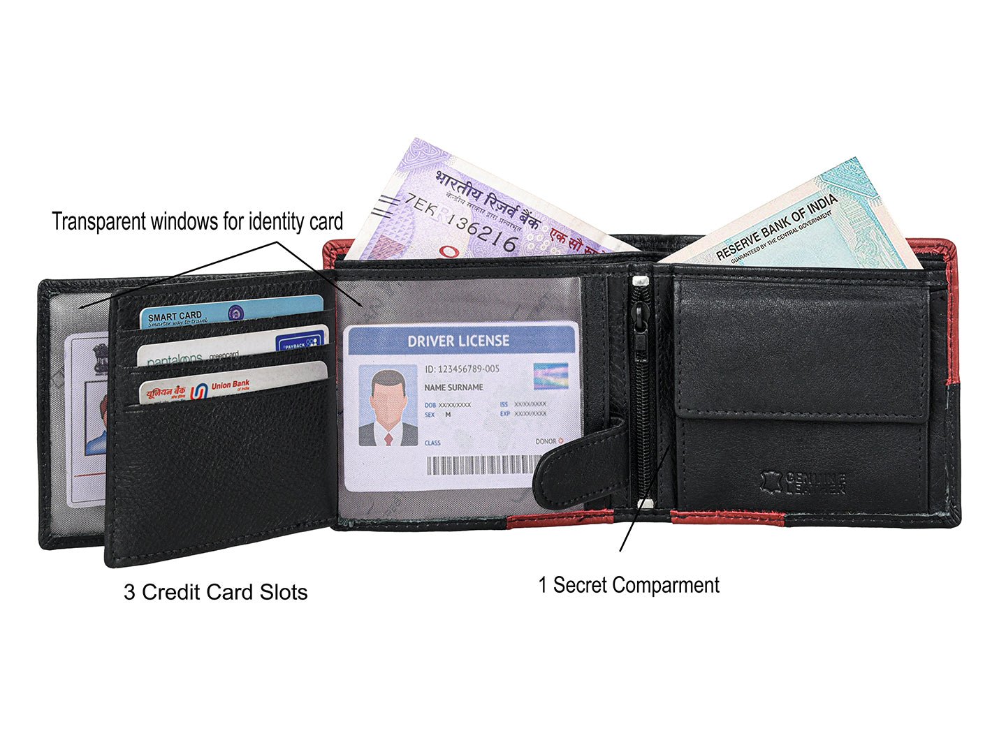 IndiFash Chester Leather Wallet for Men - Black/Red 4