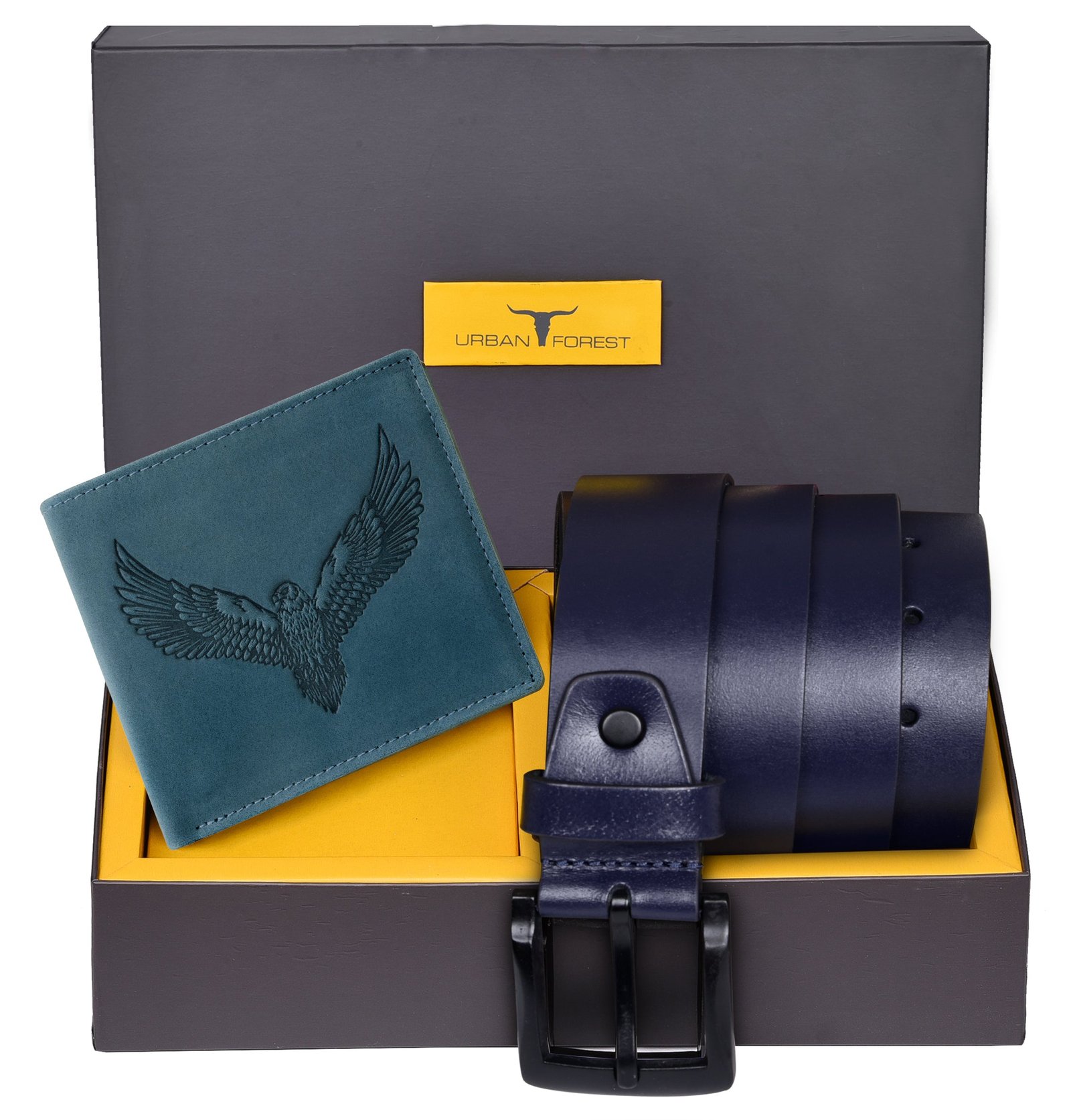 IndiFash Zeke Leather Wallet & Casual Leather Belt Combo Gift Set for Men - Vintage Blue/Blue