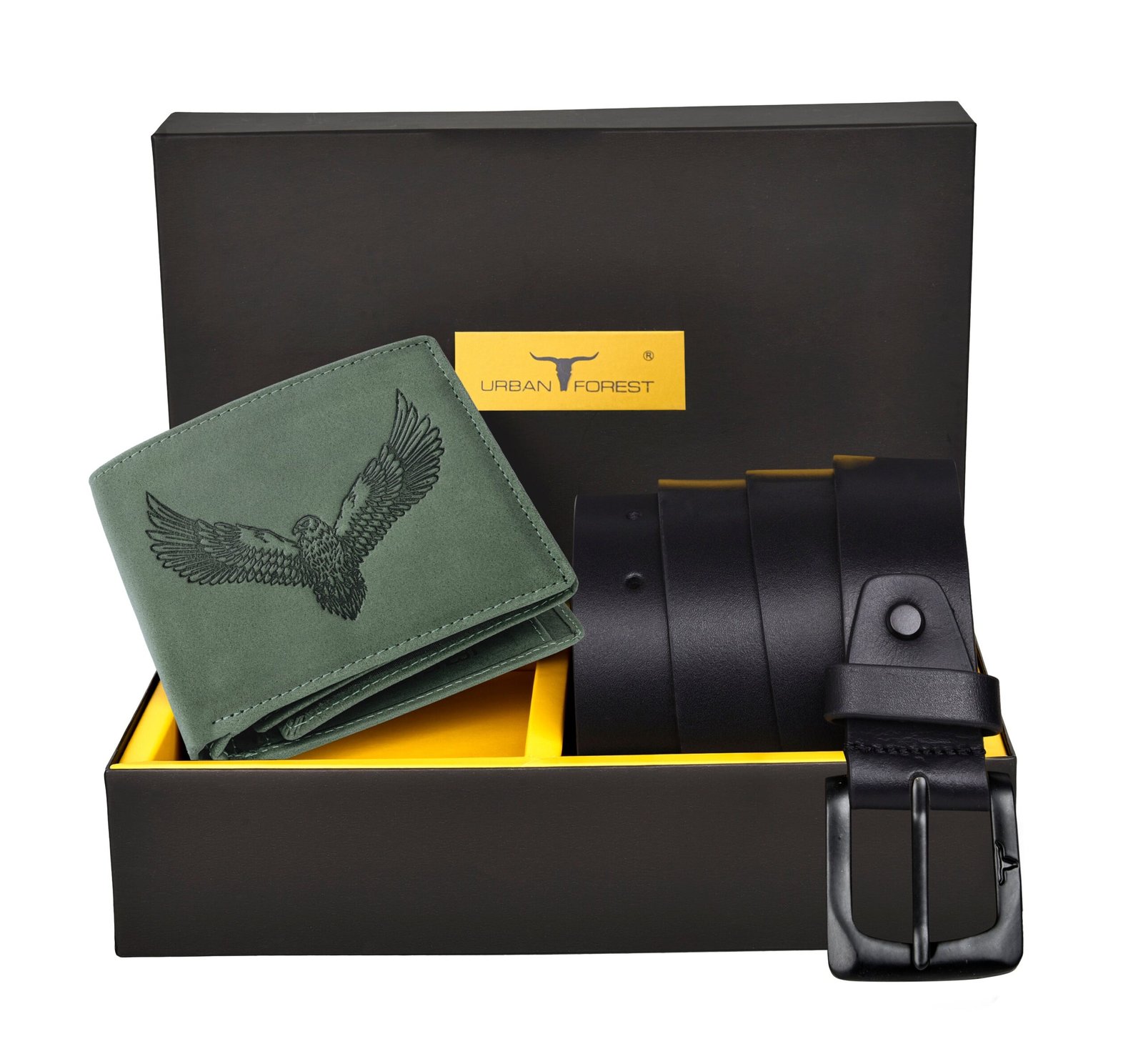 IndiFash Zeke Leather Wallet & Casual Leather Belt Combo Gift Set for Men - Vintage Green/Black