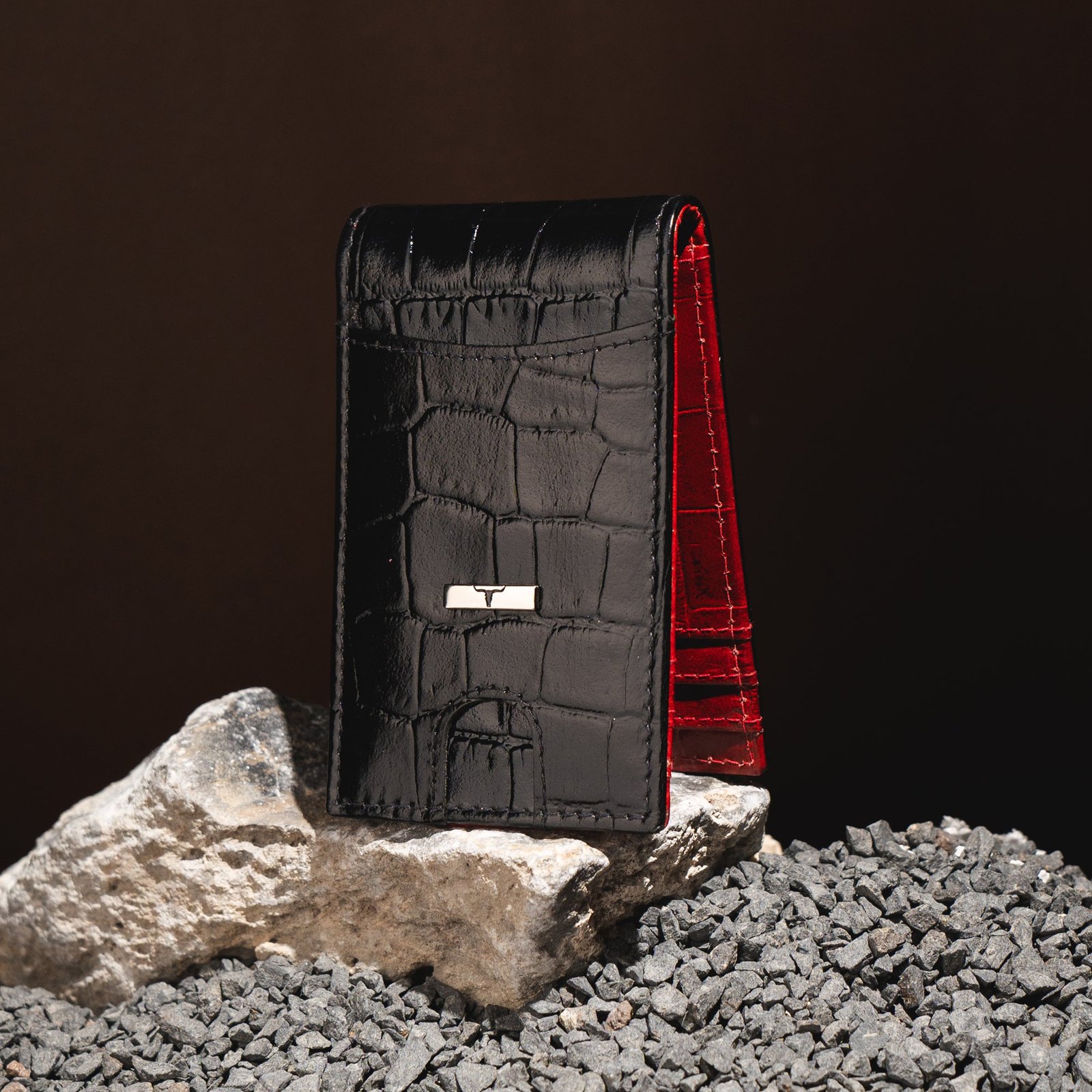 IndiFash Eddy Money Clip Leather Wallet for Men - Printed Black/Dark Red