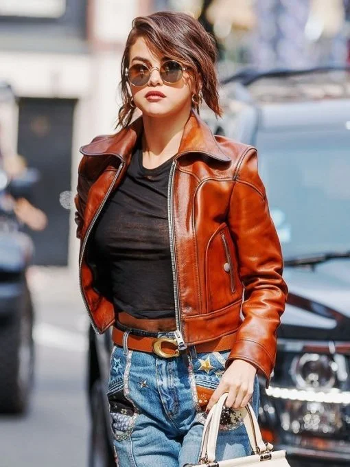 Selena Gomez Brown Leather Jacket