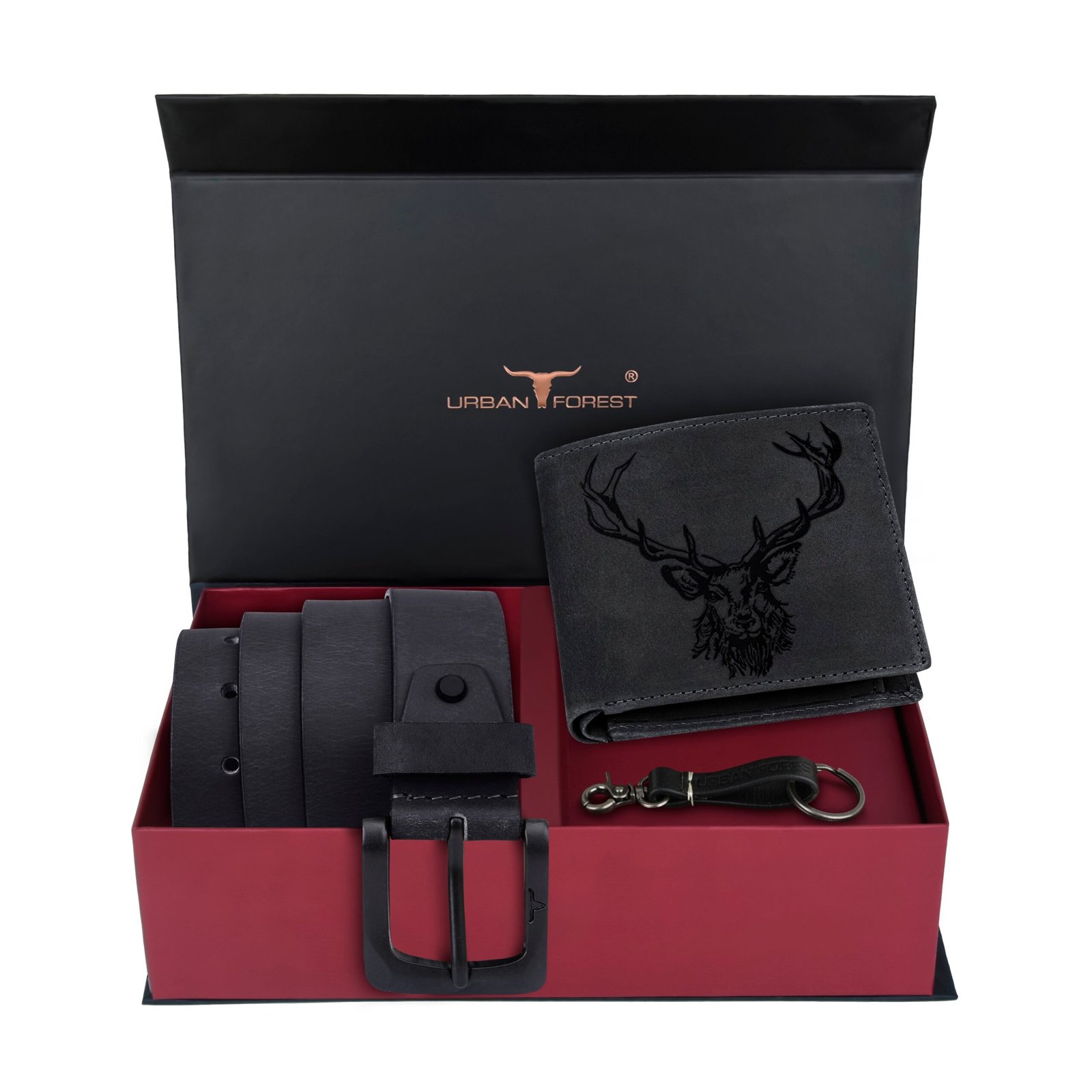 IndiFash Murphy Vintage Leather Wallet, Casual Leather Belt & Leather Keychain Combo Gift Set for Men - Vintage Black