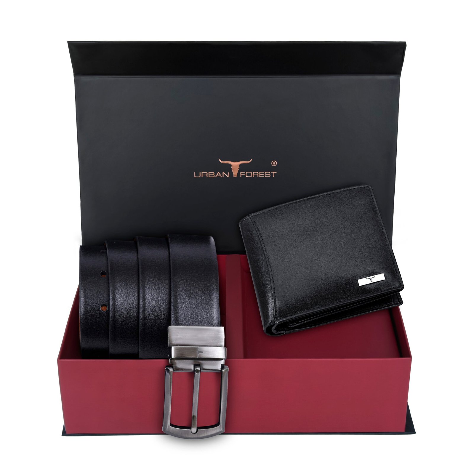 IndiFash Octa Leather Wallet & Reversible Leather Belt Combo Gift Set for Men - Aniline Black