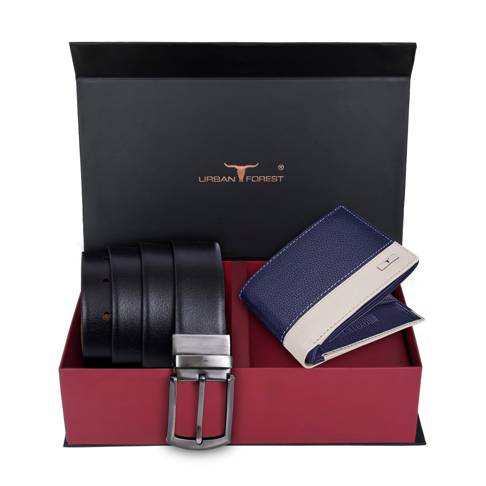 IndiFash Smith Leather Wallet & Reversible Leather Belt Combo Gift Set for Men - Blue/Sand