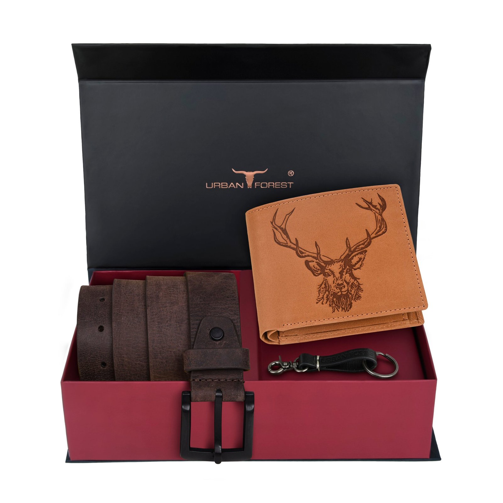 IndiFash Murphy Vintage Leather Wallet, Casual Leather Belt & Leather Keychain Combo Gift Set for Men - Vintage Cognac