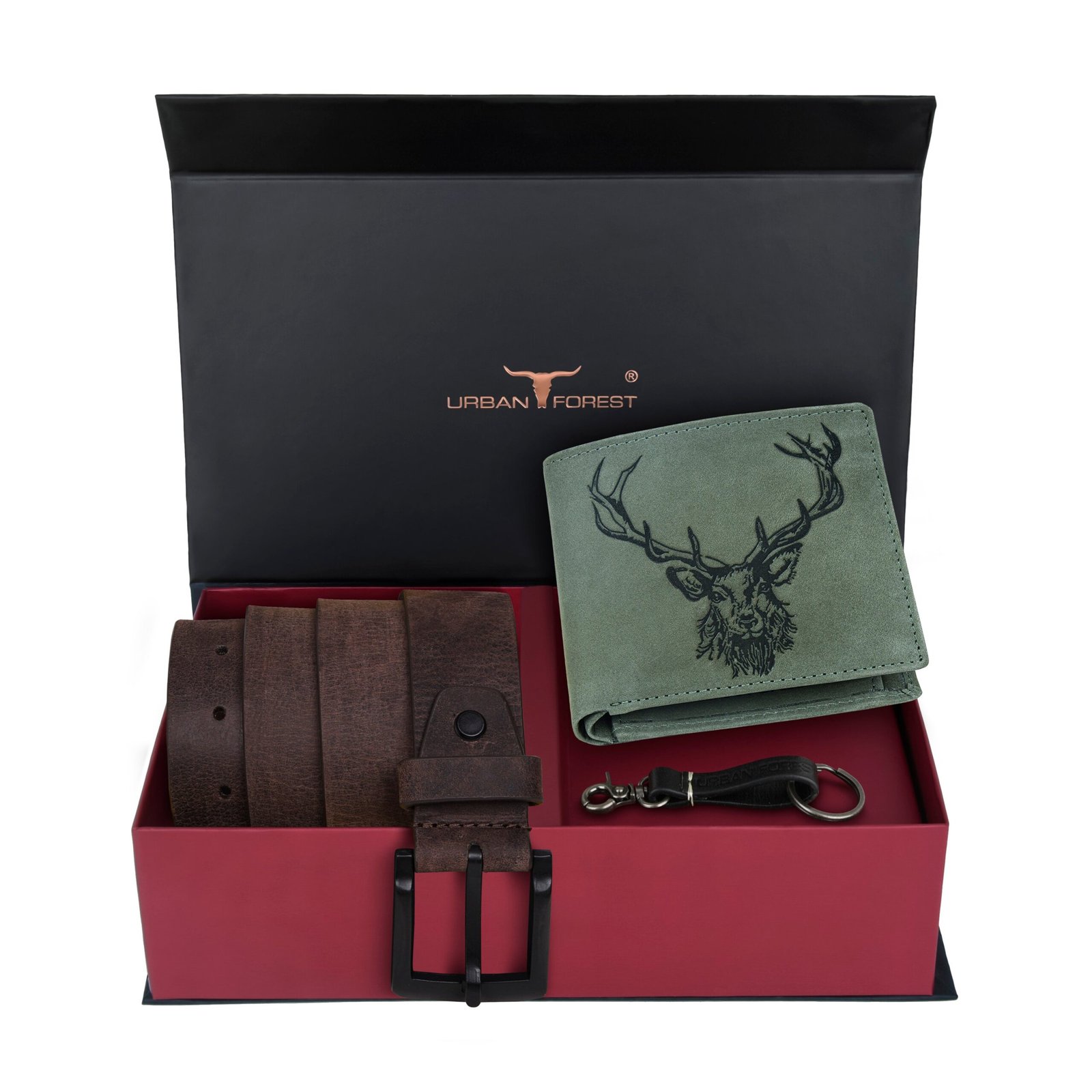 IndiFash Murphy Vintage Leather Wallet, Casual Leather Belt & Leather Keychain Combo Gift Set for Men - Vintage Green