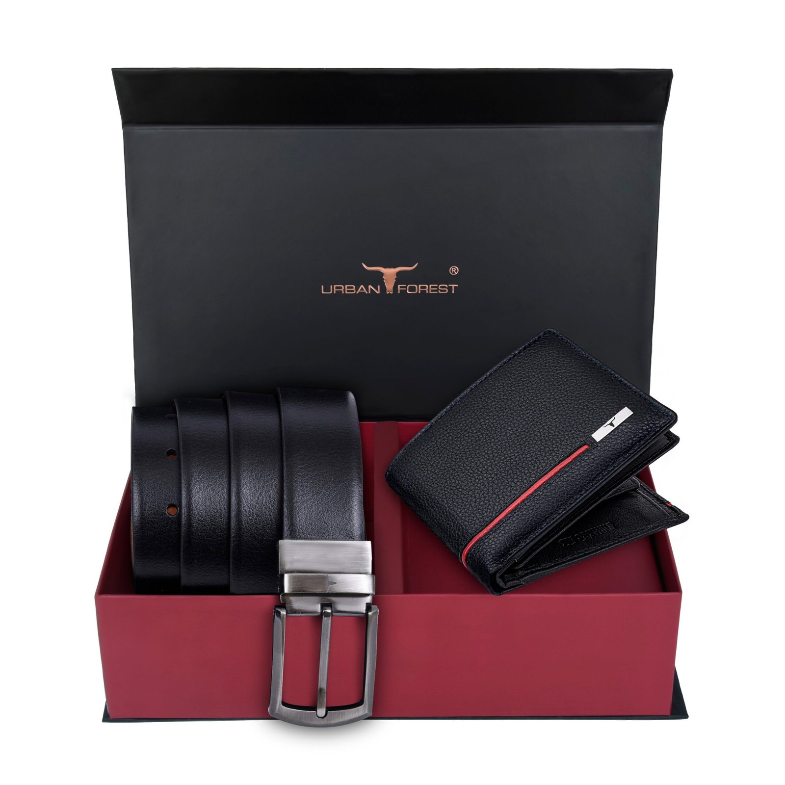 IndiFash Spike Leather Wallet & Reversible Leather Belt Combo Gift Set for Men - Black/Red